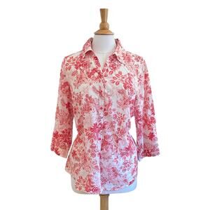 Coldwater Creek Cotton 3/4 Sleeve Button Down Shirt Red Floral, Swiss Dots, 1X